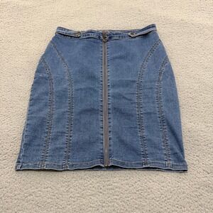 Guess Blue Denim Pencil Skirt Front Zip Size 12/14 Paneled Medium Wash